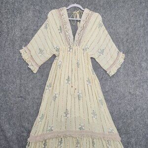 Namaste India Gold Metallic Sequin Tiered Maxi Dress Small Yellow Boho Fairy